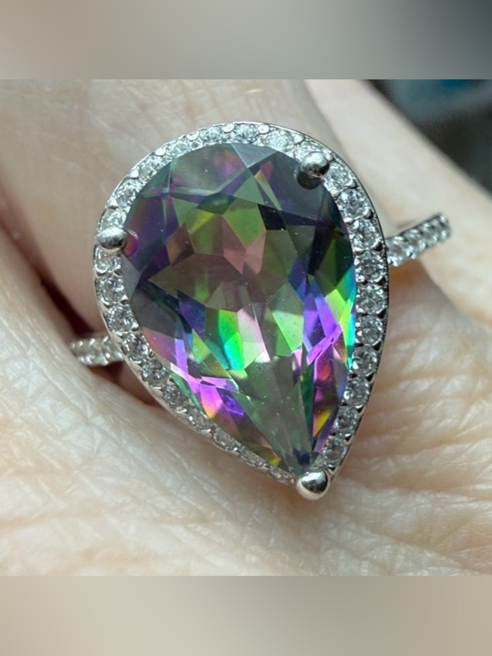 3 CT Mystic Topaz Teardrop Moissanite Diamond Halo Ring 925 sterling silver